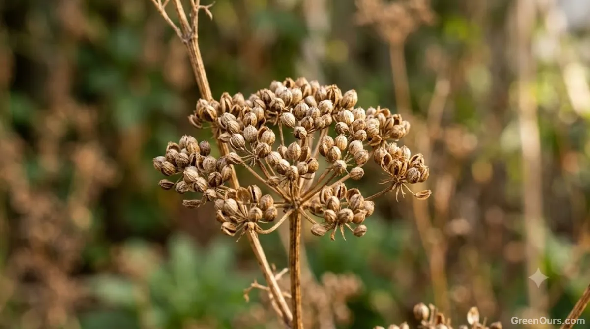 Close-up of dried tan coriander seed heads still attached to the plant, ready for harvest