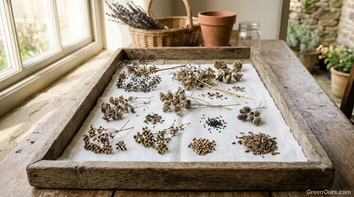 Herb seed heads spread out on a tray to air-dry before storage