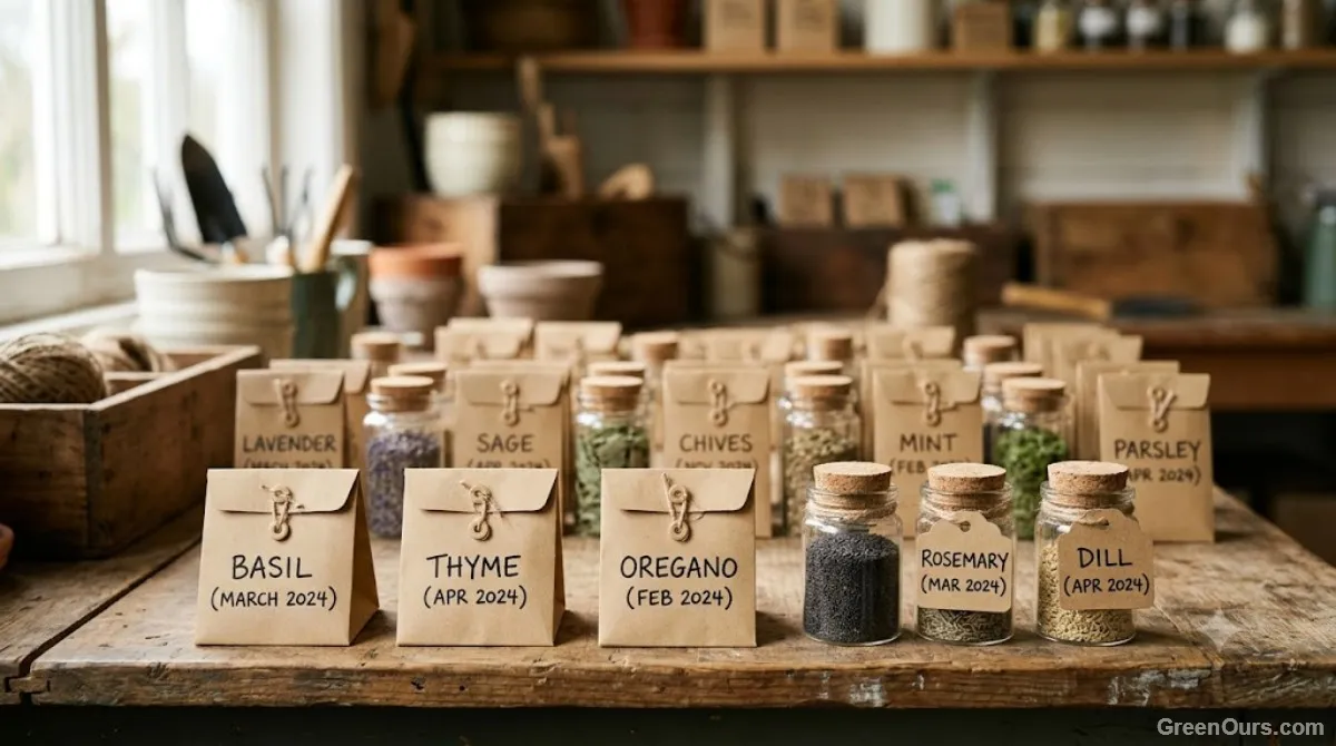 Small labeled envelopes and glass jars of different herb seeds lined up on a shelf