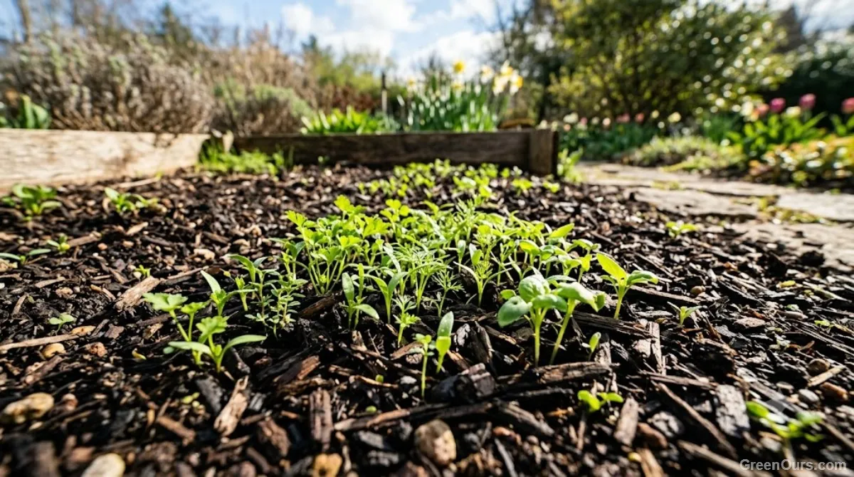 Young herb seedlings emerging in a garden bed in early spring