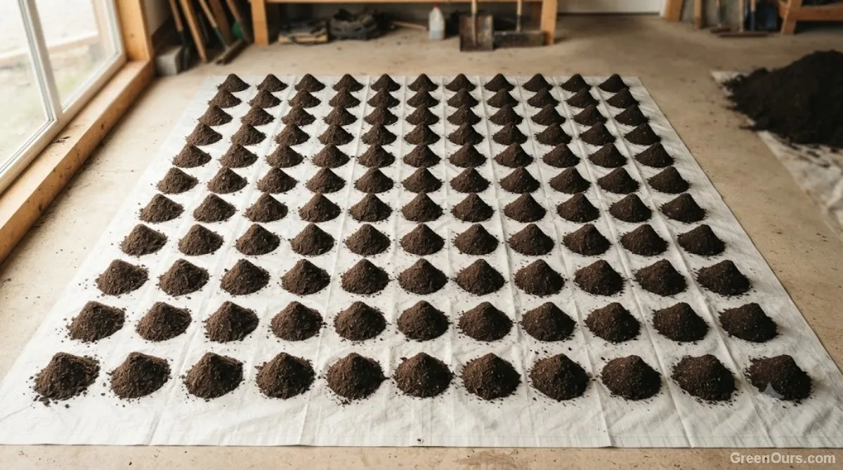 Small cone-shaped mounds of compost on a tarp under natural light