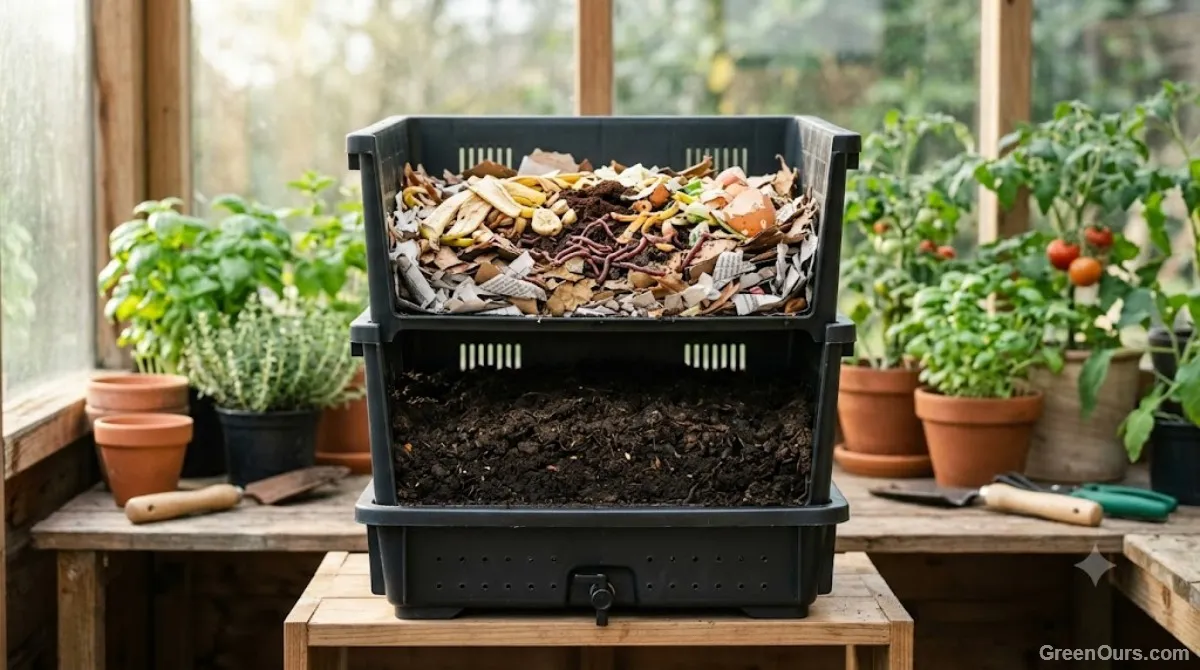 Stacked worm bin trays showing one tray emptier as worms migrate toward fresh food