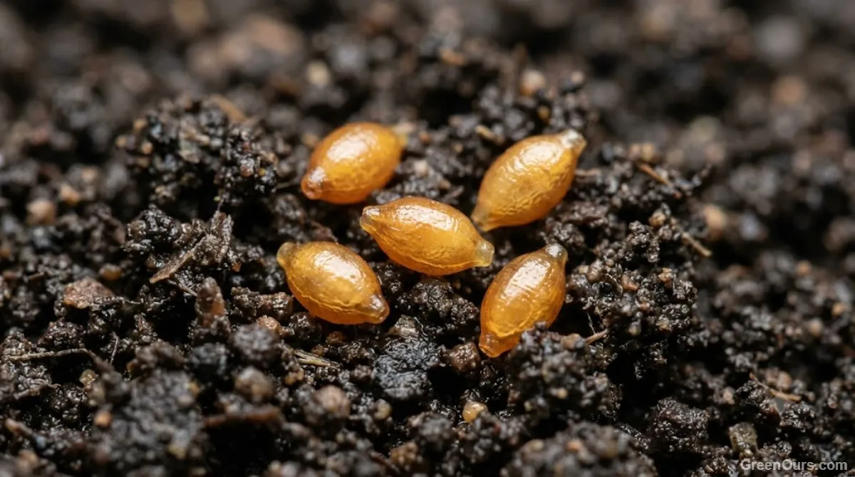 Close-up of small lemon-shaped worm cocoons in sifted compost