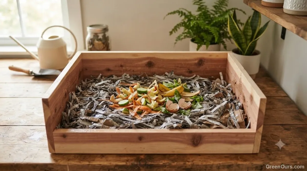 Freshly prepared worm bin with new bedding and a light scattering of food scraps