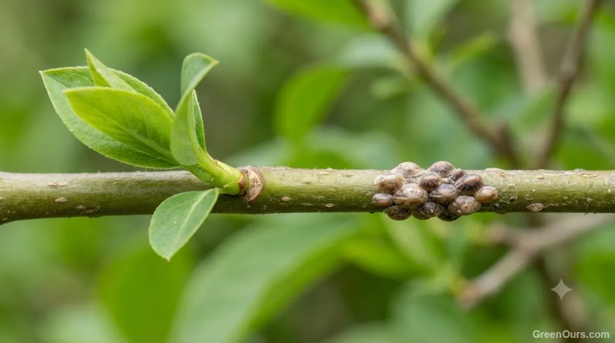 Close-up of brown scale insect clusters on a houseplant stem