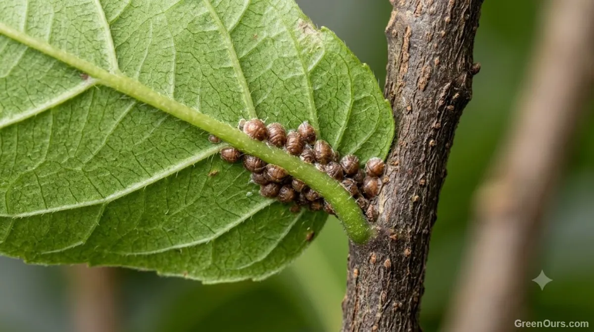 Hand applying alcohol with a cotton swab to scale insects on a plant stem