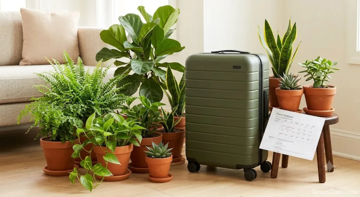 Person unpacking a suitcase beside a healthy, upright houseplant back at home after a trip