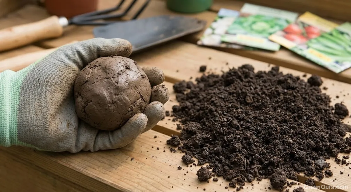 Hands squeezing a handful of moist garden soil to test its texture