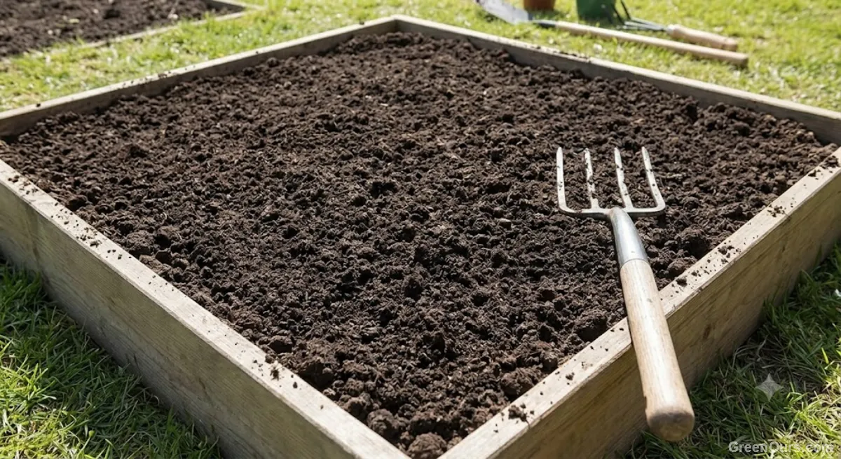 Compost being spread evenly across a prepared vegetable garden bed