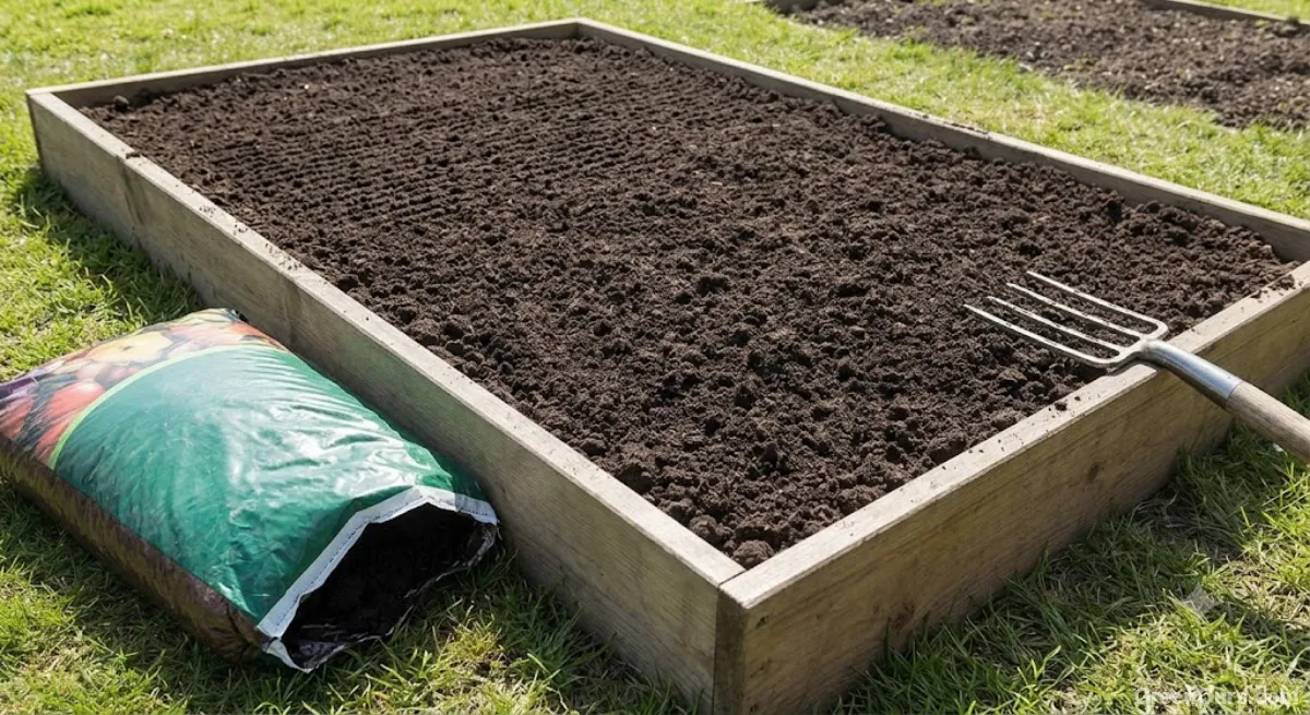 A small home vegetable bed mid-preparation with a rake and bag of compost nearby
