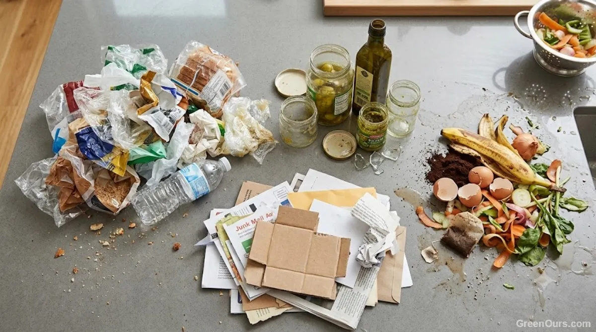 Household trash sorted into categories on a kitchen counter during a waste audit