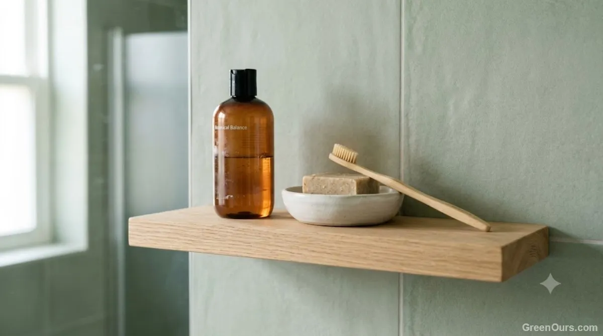 Bathroom shelf with a mix of conventional and swapped low-waste products