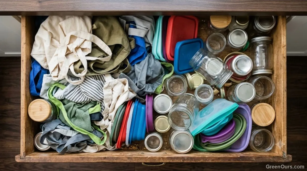 Drawer full of unused reusable bags and containers still in their packaging