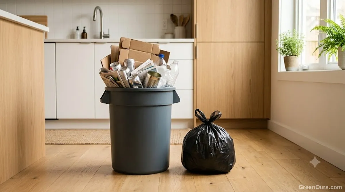 Smaller bag of household trash next to a full recycling bin