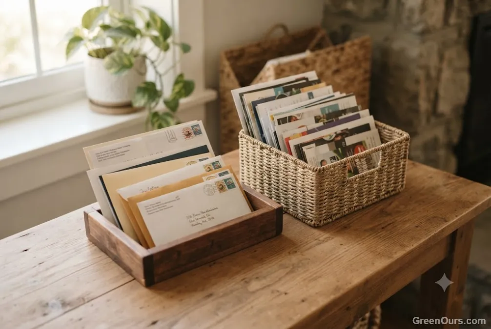 Hand sorting a small stack of mail into a tray, separating envelopes to keep from ones headed to recycling