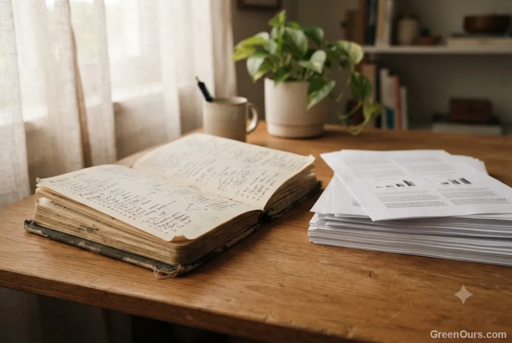 Open handwritten notebook next to a small stack of printed pages on a desk