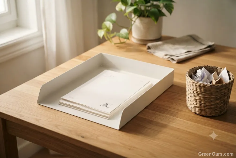 Nearly empty paper tray on a kitchen counter next to a small recycling bin