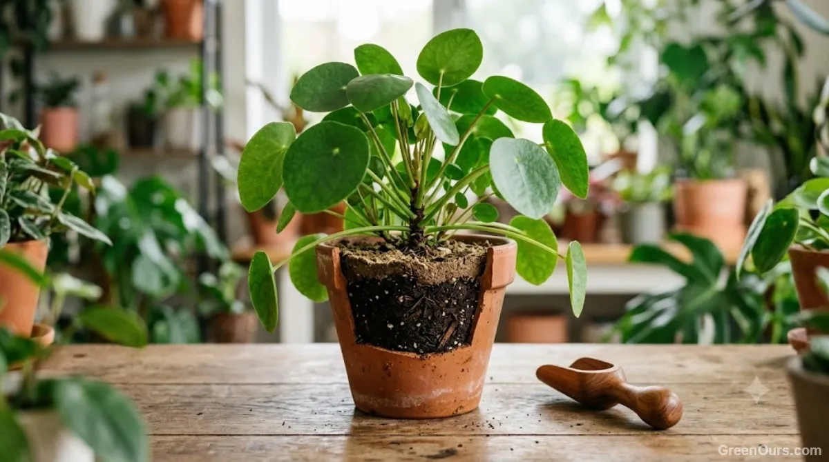 Hands gently loosening the top layer of soil in a houseplant pot