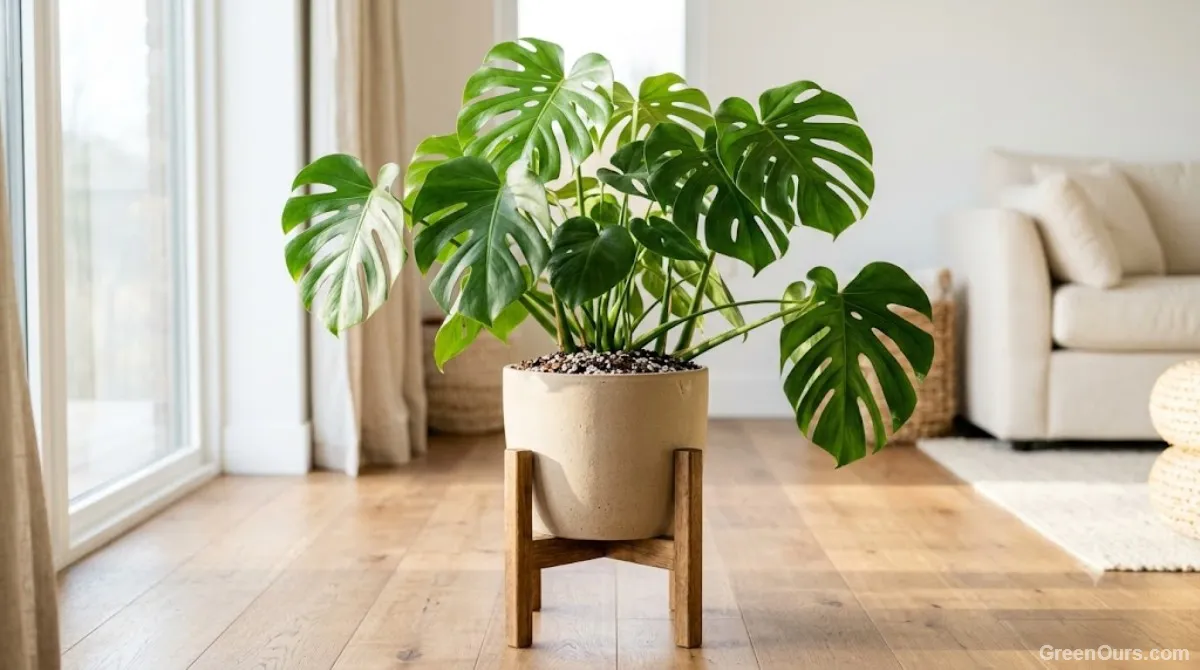 Fresh potting mix being added to the top of a houseplant pot with a small trowel
