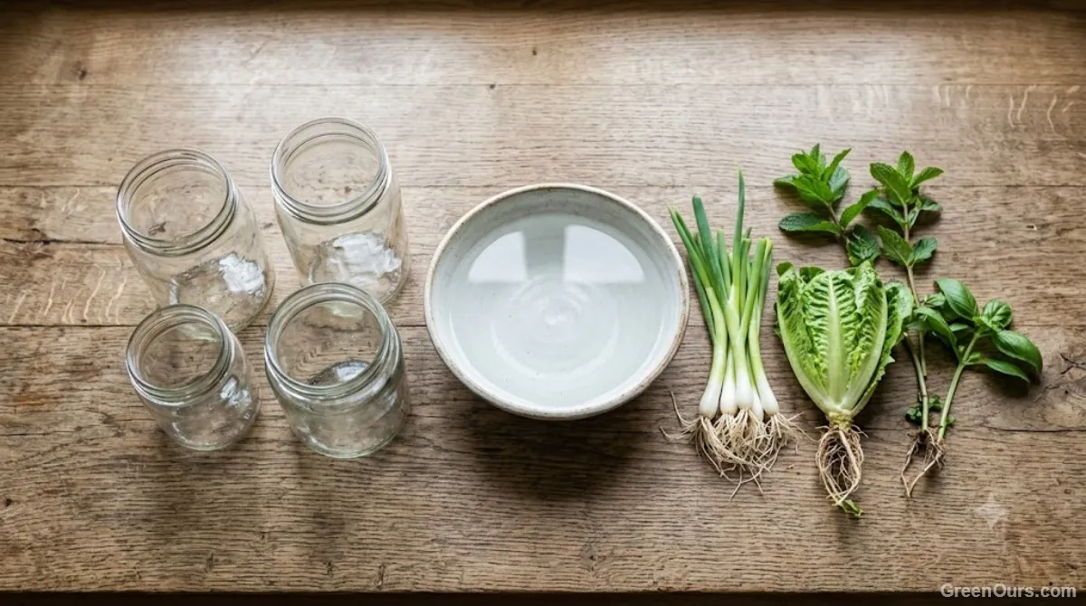 Green onion roots and fresh green shoots regrowing in a glass of water