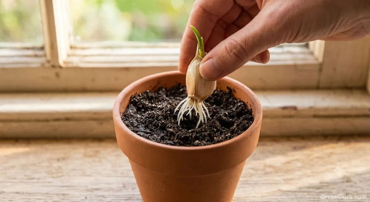 Rooted garlic clove being planted into a small pot of soil