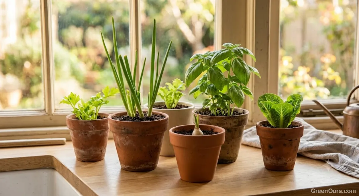Small collection of potted regrown herbs and vegetables thriving on a kitchen counter