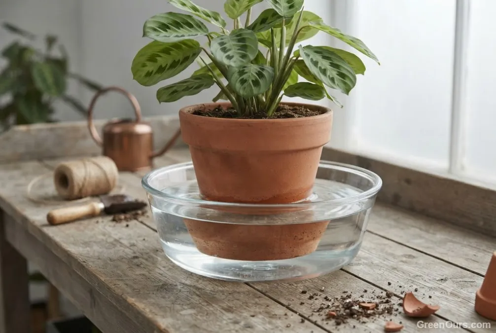 Nursery pot submerged to the rim in a basin of water during a bottom-soak rehydration