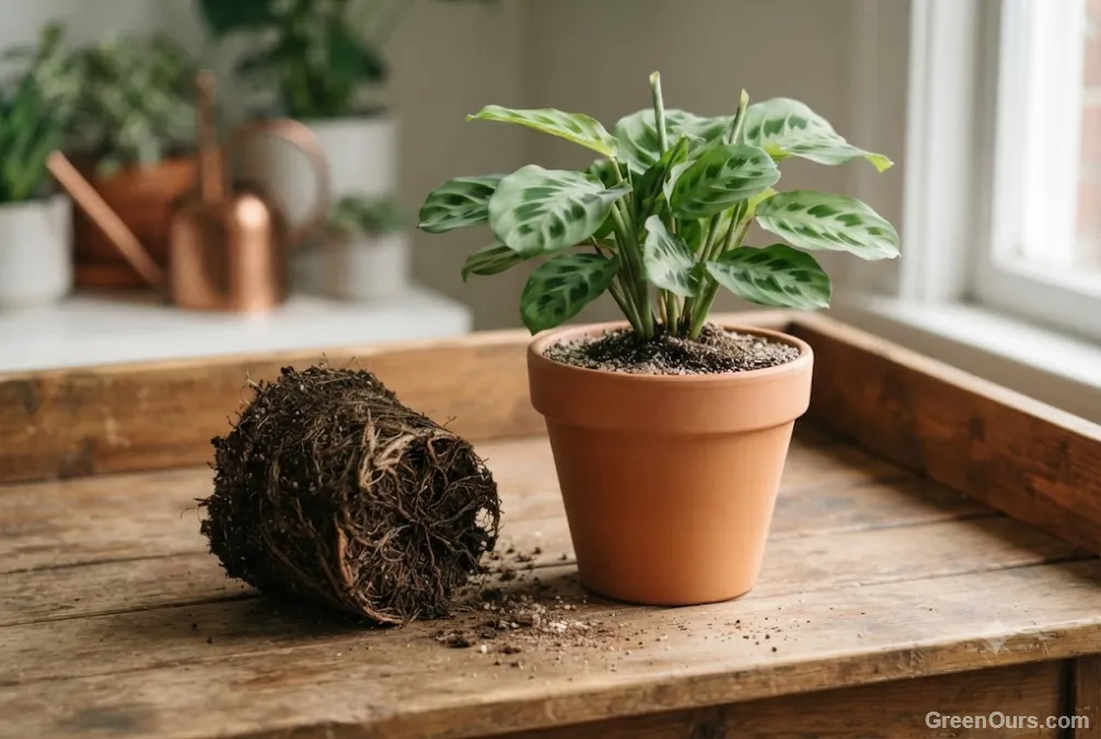 Freshly repotted plant in new dark potting mix beside discarded dry root ball