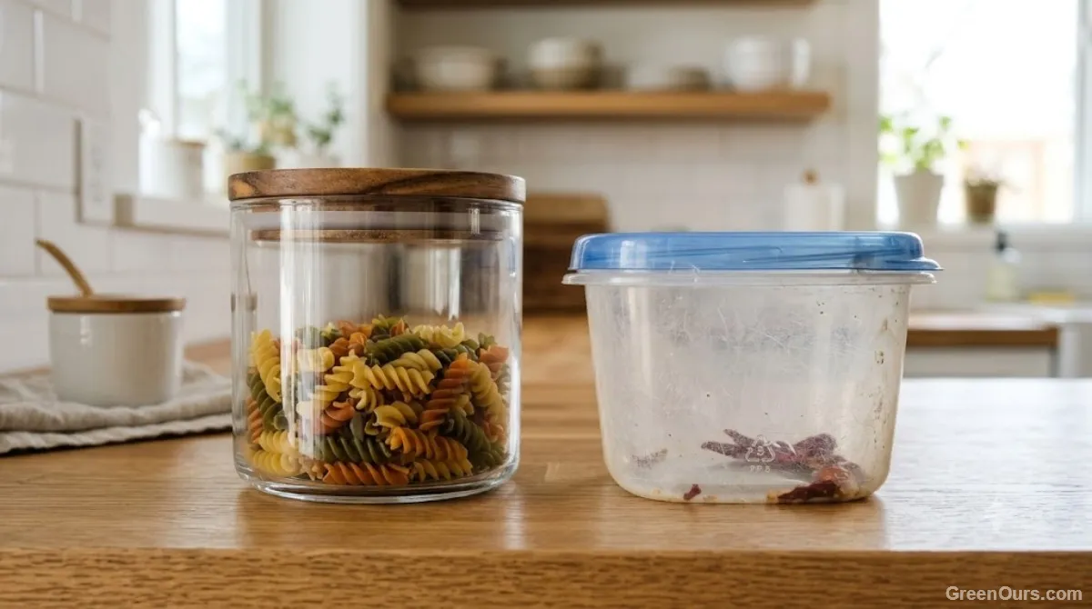 Glass jar and worn plastic deli container side by side on a kitchen counter