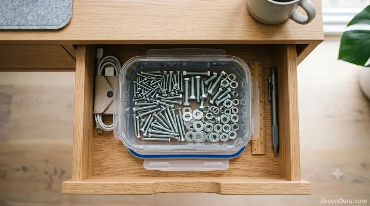 Plastic container repurposed to organize small hardware in a drawer