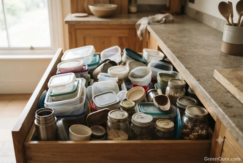 Overflowing kitchen drawer full of mismatched plastic containers and jars