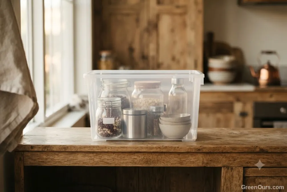 Clear plastic storage tote sitting on a cabinet shelf, partially filled with jars