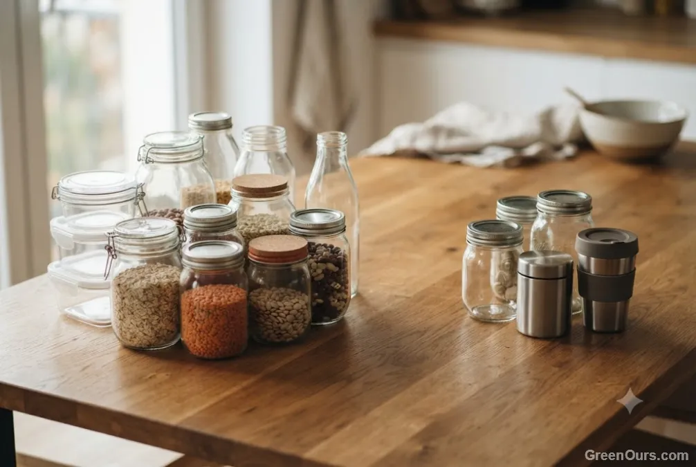 Hands sorting glass jars into a keep pile and a donation pile on a countertop