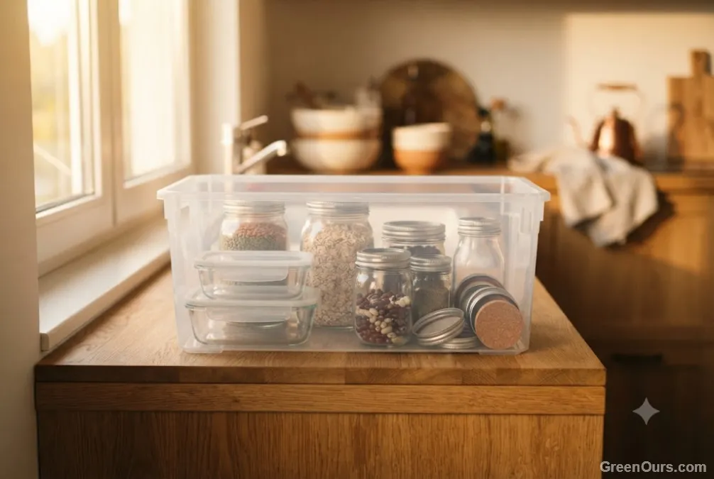 Tidy, half-full clear storage bin of reusable containers on a shelf