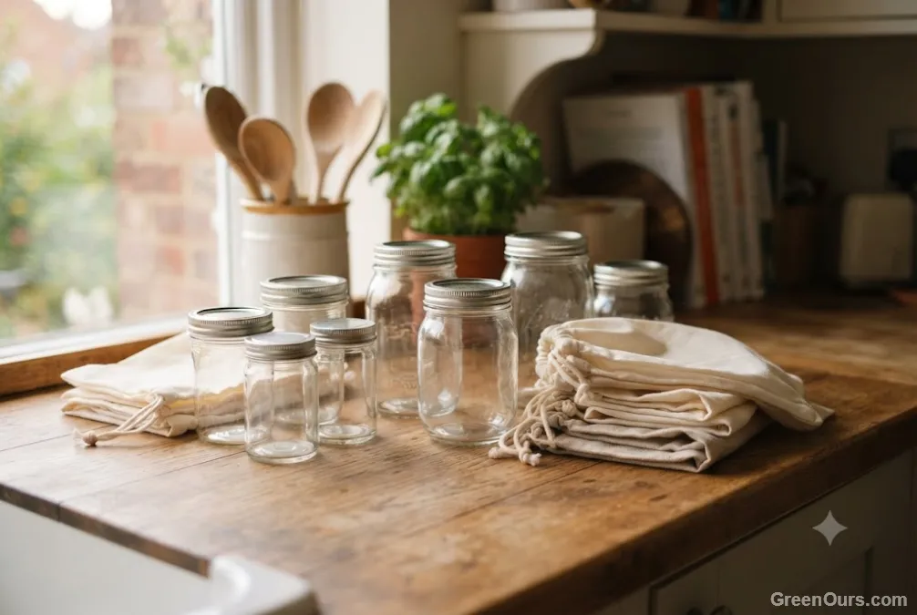 Empty glass jars and cloth bags arranged on a kitchen counter before a bulk shopping trip