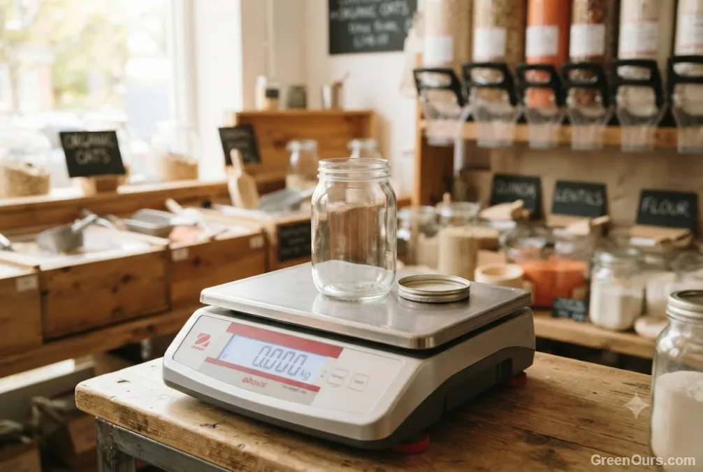 A glass jar being weighed on a small scale at a bulk foods station