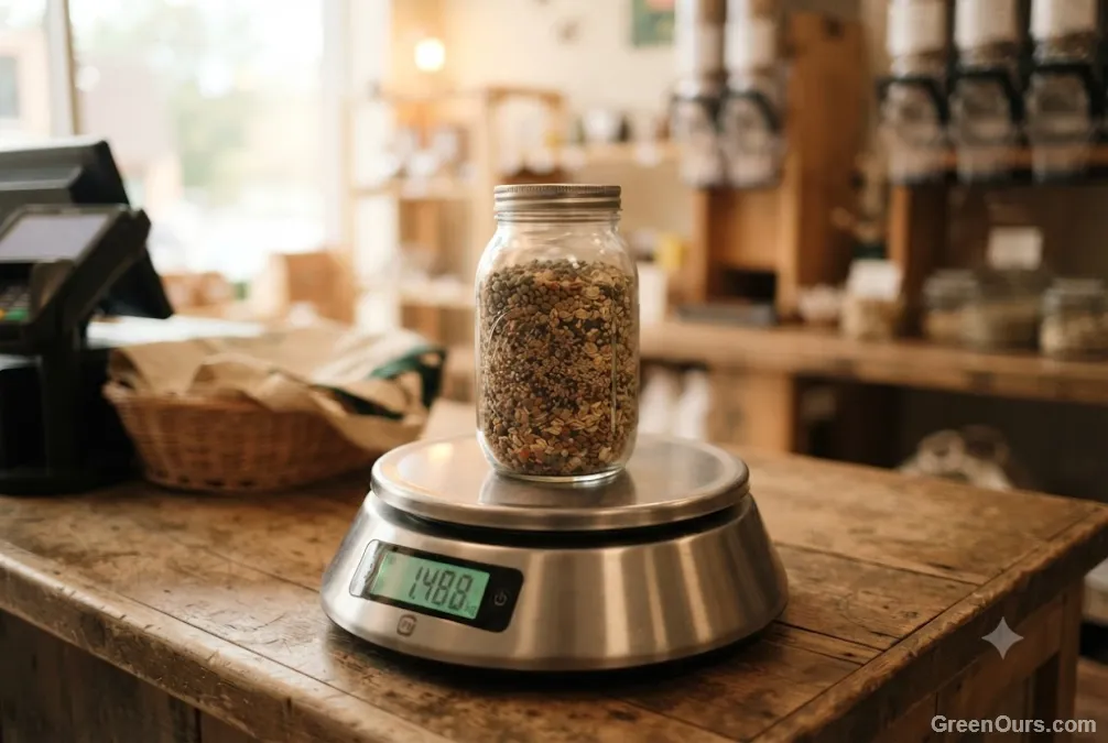 A cashier weighing a filled glass jar of bulk grains at a grocery store checkout