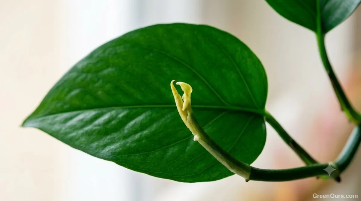 Close-up of a small, pale new leaf emerging on a houseplant stem