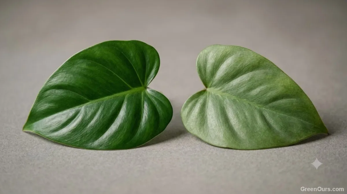 Two houseplant leaves side by side showing a subtle difference in green saturation