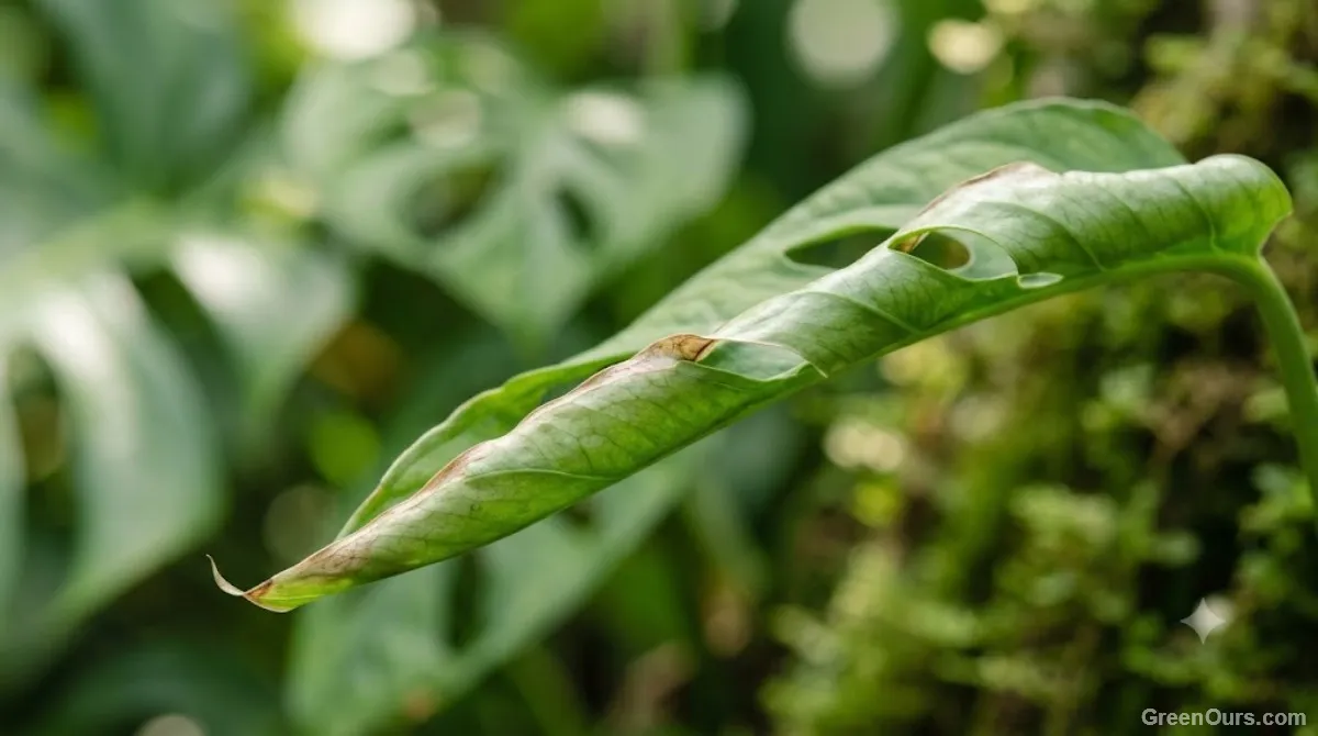 Houseplant leaves curling inward at the edges beside a bright window