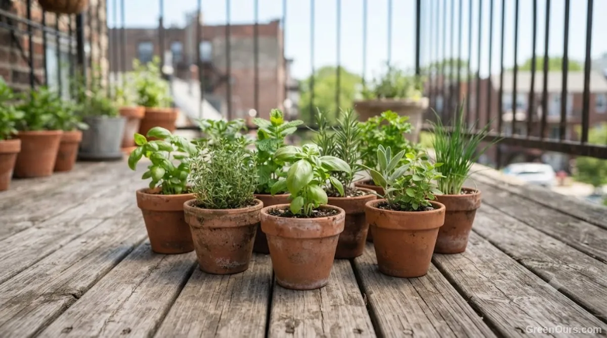 A row of terracotta pots with young herb seedlings on a sunny balcony ledge