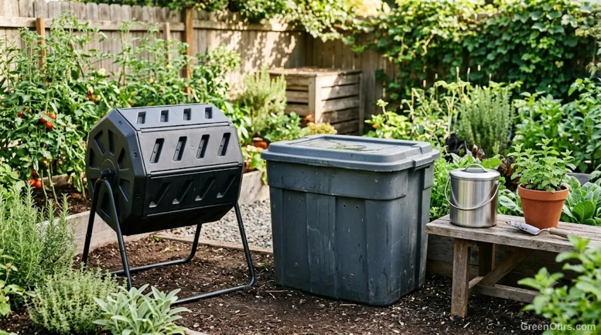 A tumbler, a plastic tote, and a countertop caddy compost bin shown side by side for size comparison