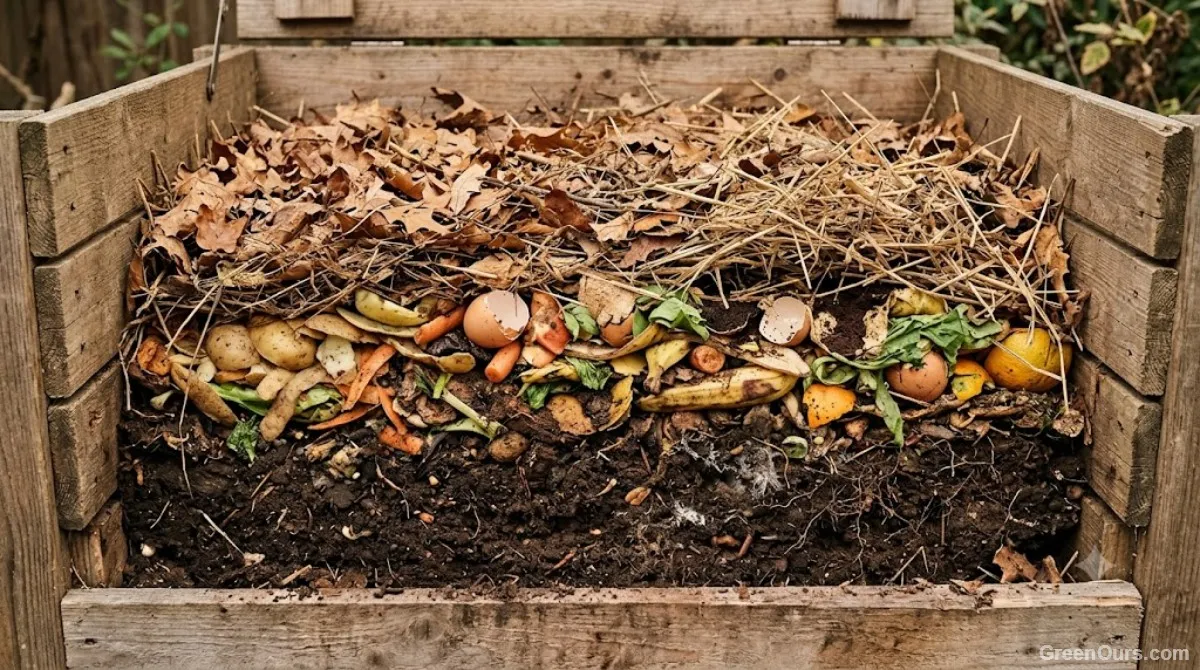 Layers of dry leaves with buried food scraps visible inside an open compost bin