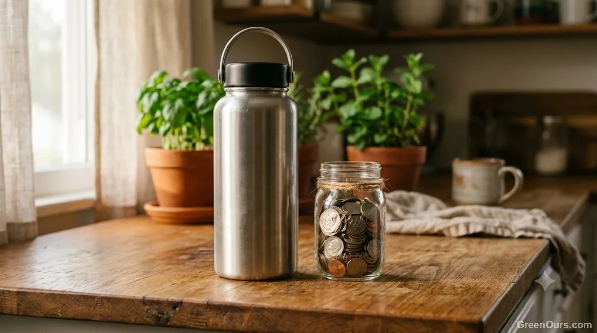 Reusable water bottle beside a small jar of coins on a kitchen counter
