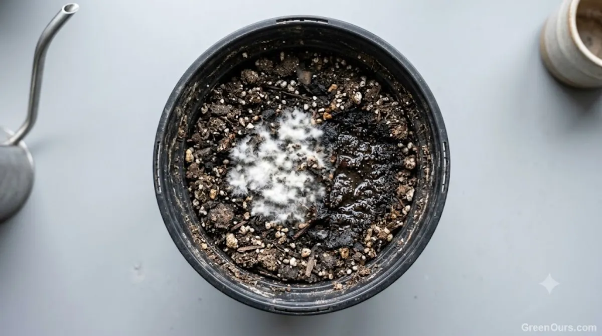 Close-up of used potting soil showing mold and a waterlogged patch on the surface