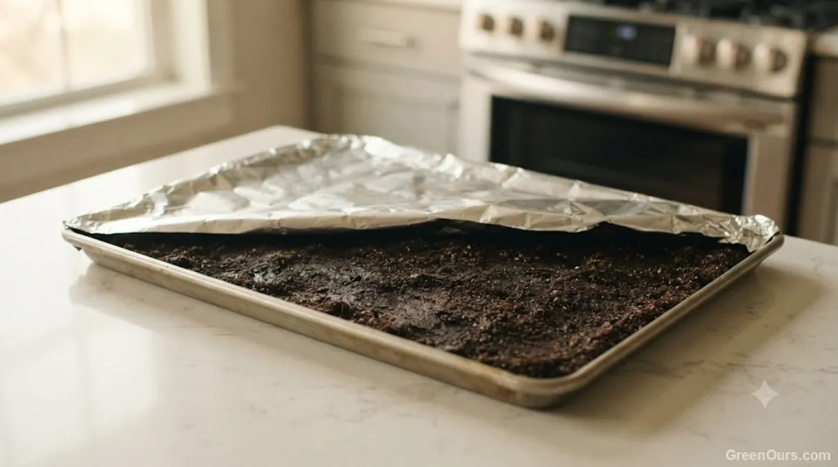 Shallow tray of soil covered loosely with foil ready for oven sterilization