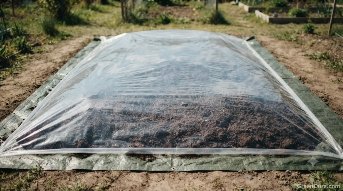 Clear plastic sheet covering a layer of soil on a tarp in direct sunlight