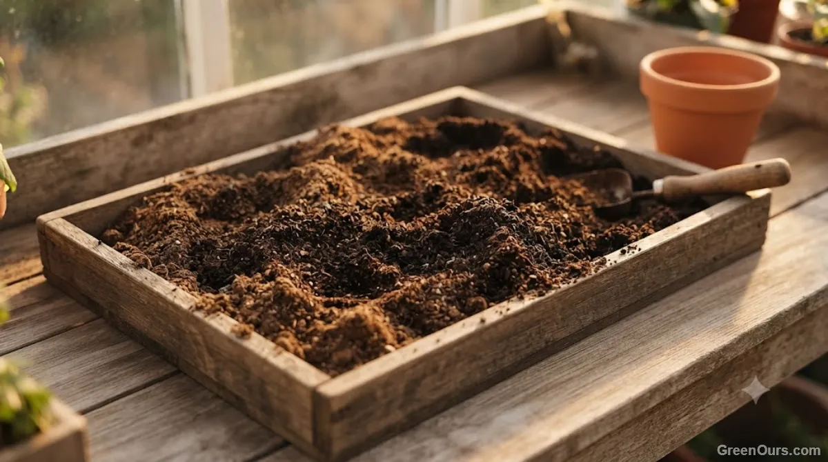 Fresh compost being mixed into a batch of sterilized potting soil