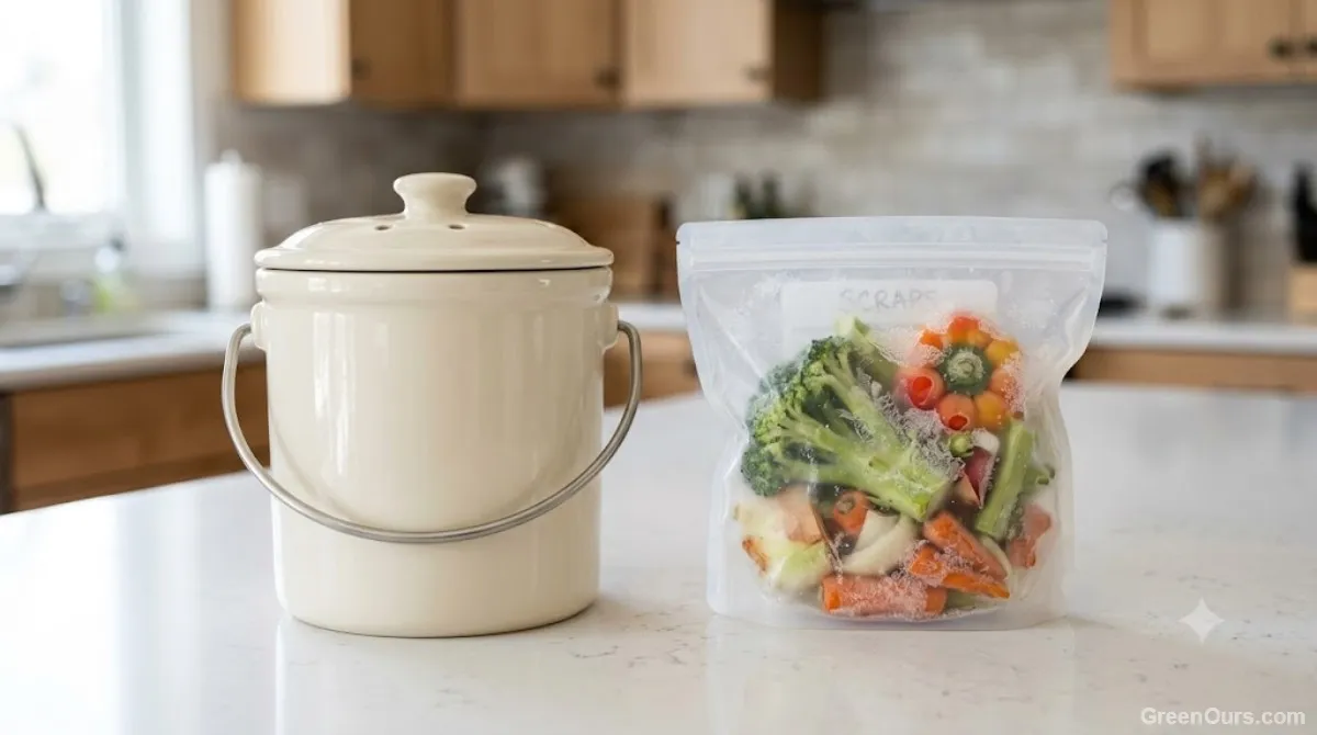 Ceramic countertop compost crock beside a labeled freezer bag of vegetable scraps
