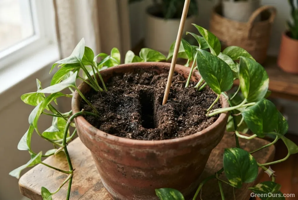 Finger pressed two inches into potting soil checking moisture at root depth